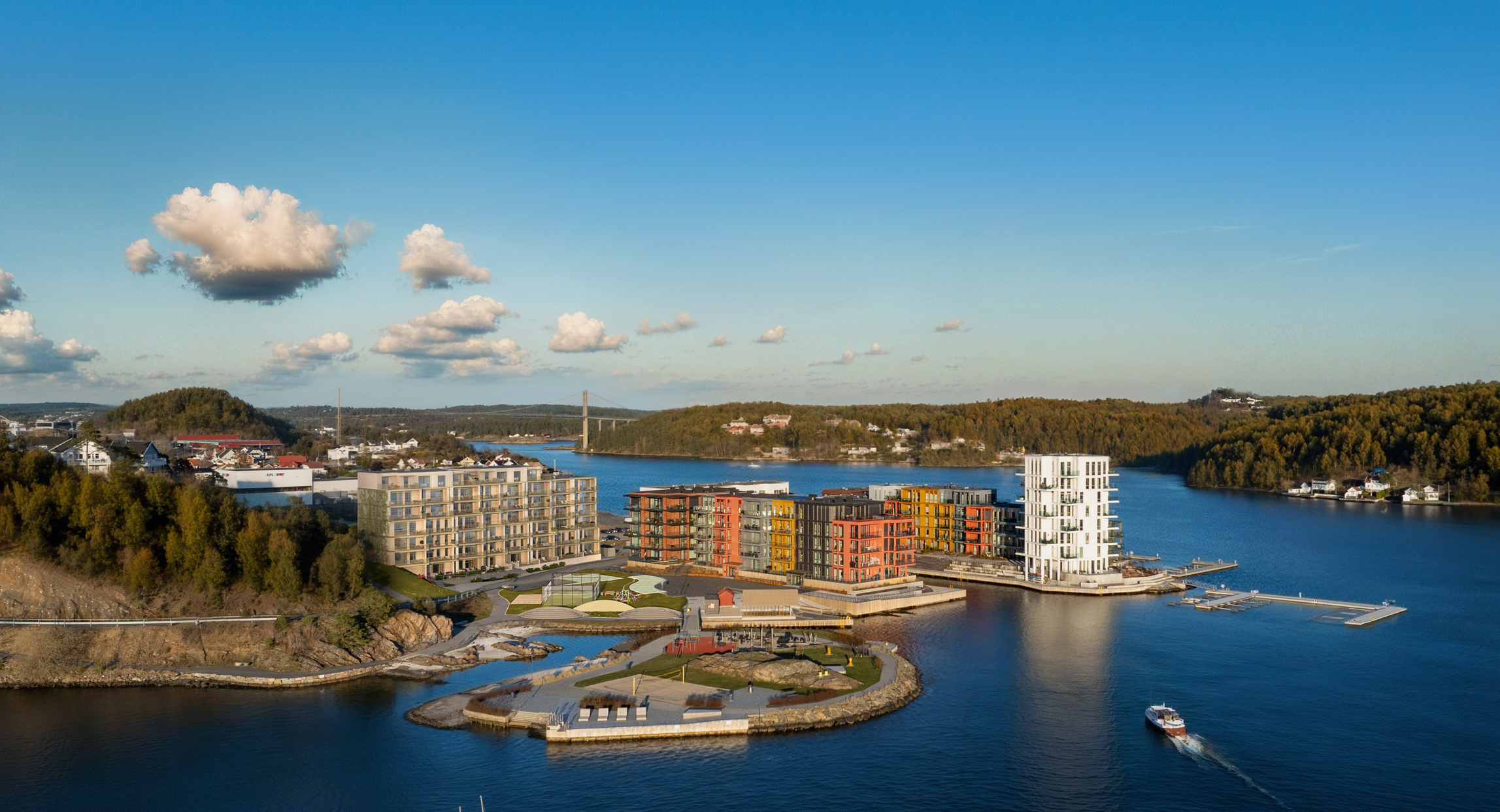 Byggetrinn 4 harmonerer godt med de andre byggene. De nye leilighetene er tegnet inn til venstre i bildet. 3D-illustrasjon. Endringer og avvik vil forekomme.