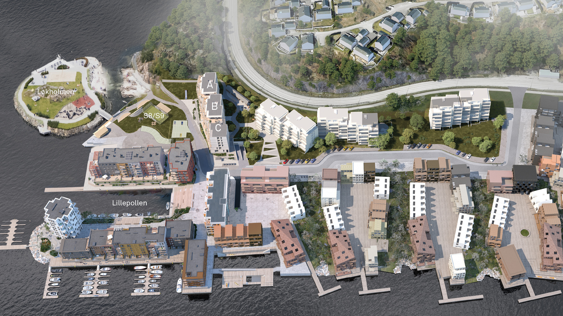 De nye leilighetene (merket A, B,C) har bade- og friområdet Løkholmen som nærmeste nabo. 3D-illustrasjon. Endringer og avvik vil forekomme.